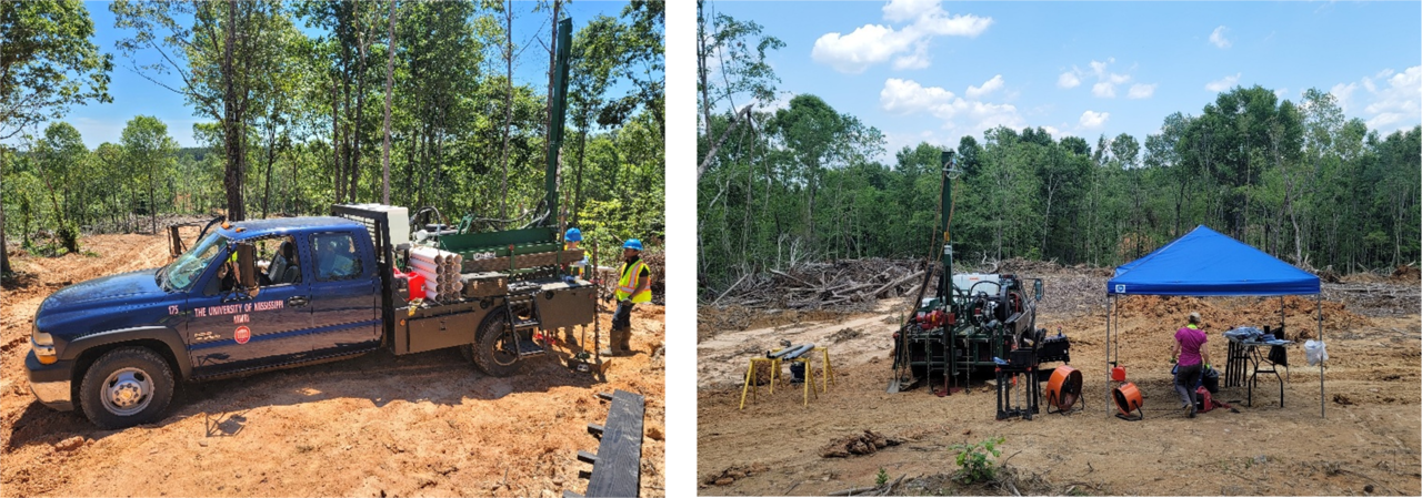 Two images: drill truck and drilling site