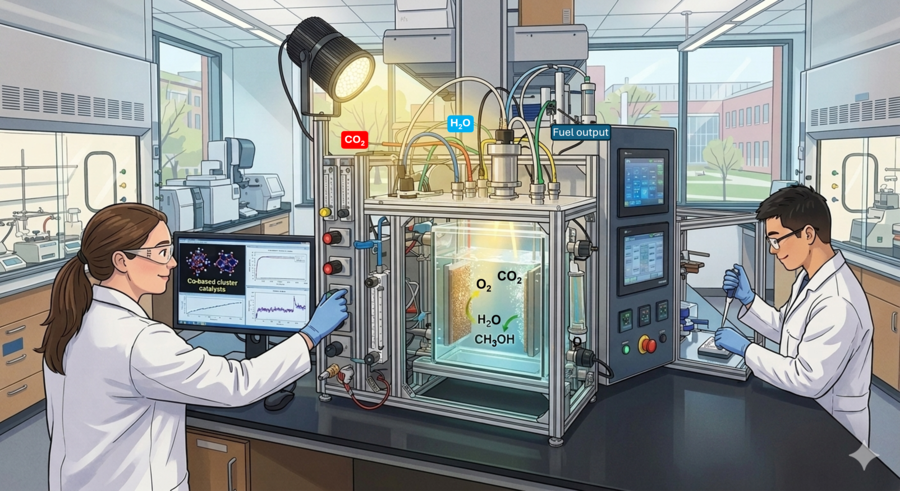 Two researchers in a lab conducting research on artificial photosynthesis